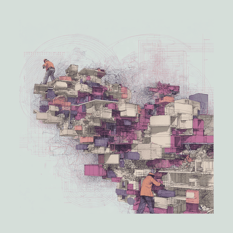 Two construction workers navigating a chaotic stack of colourful building blocks — representing the confusion of disorganised project information.
