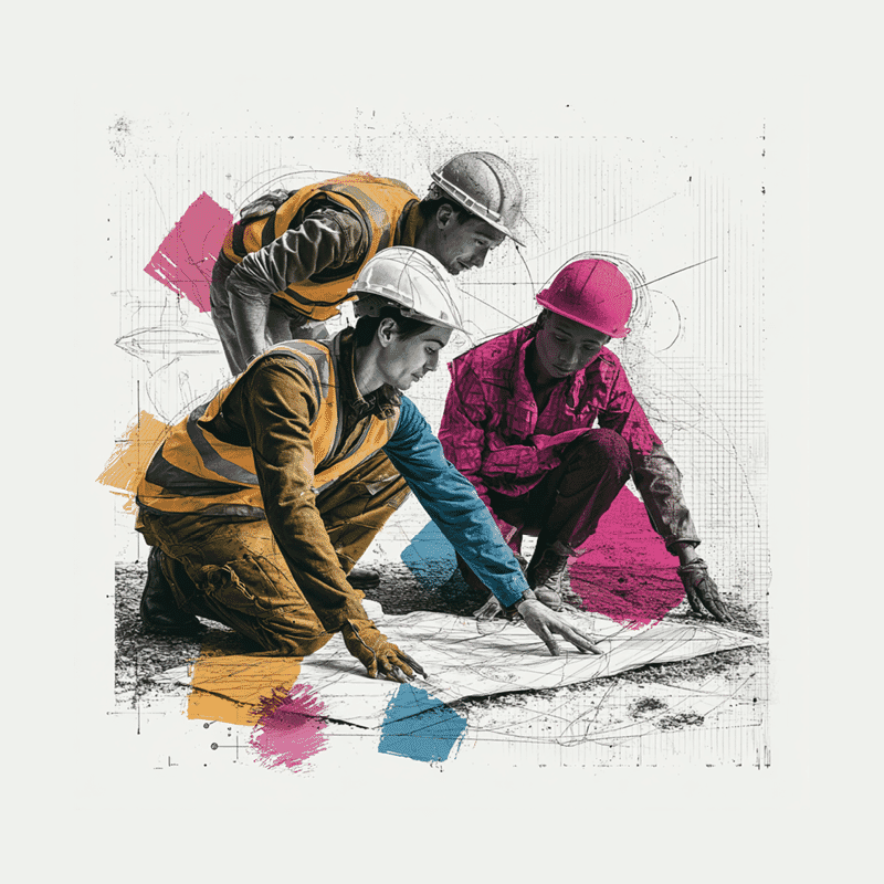 Construction team in high-vis gear reviewing plans on site — collaboration and coordination in action. Construction document management software.