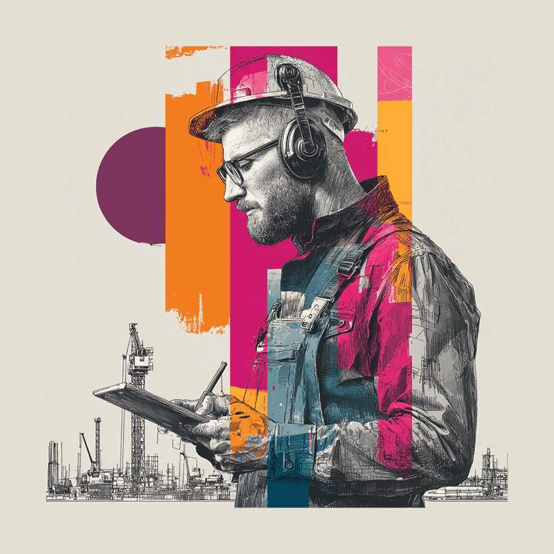 Construction worker using a tablet on site with cranes in the background — illustrating smarter, digital ways to manage projects. Construction document management software.